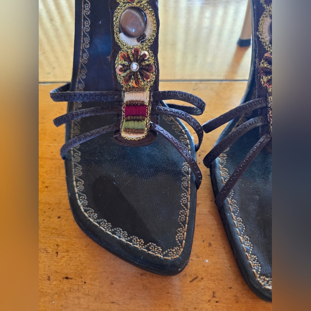 Vintage Brown Strappy High-heeled Bohemian Sandles By Rebels - Picture 3 of 11